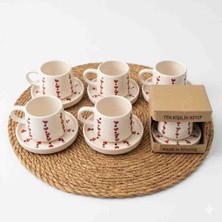 Moda Marifet Kalp Desenli El Yapımı Seramik 6 Kişilik Çay Kahve Fincan Takımı