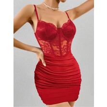 Deridün Yıldız Shoes Kadın Kırmızı Transparan Karın ve Dantel Detaylı Gece Kıyafeti 5150