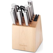 KitchenAid Mutfakaid Gourmet 14 Parça Forged Paslanmaz Çelik Bıçak Bloku Bıçak Sharpener'de Inşa Edilmiş, Yüksek Karbon Japon Paslanmaz Çelik, Sharp Kitchen Bıçağı Blokla Set, Birchwood