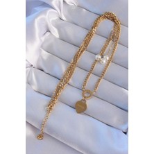 Moresun Buğz 316L Çelik Gold Renk Çift Zincir Inci Detayı Love Kalp Kolye - Buğz
