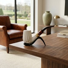 Goldenlight Meerschaum El Oyması Lületaşı Pipo 9mm Filtre Uyumlu – Çift Yanak Gold Yüzük Koleksiyonluk Beyaz Model