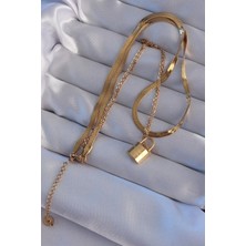 Moresun Buğz 316L Çelik Gold Renk Çift Zincir Kilit Model Kolye - Buğz