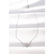 Moresun Buğz 316L Çelik Silver Renk Zirkon Taşlı Kalpli Kanat Kolye - Buğz