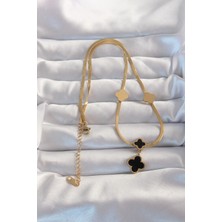 Moresun Buğz 316L Çelik Gold Renk Italyan Zincirli Mineli Yonca Kolye - Buğz