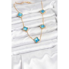 Moresun Buğz 316L Çelik Zincir Gold Buz Mavisi Renk Yonca Kolye - Buğz