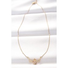 Moresun Buğz 316L Çelik Gold Renk Zirkon Taşlı Kalpli Kanat Kolye - Buğz