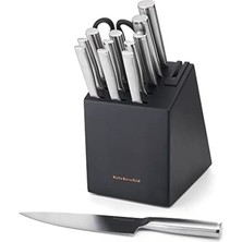 KitchenAid Mutfakaid Gourmet Forged Paslanmaz Çelik Bıçak Bloku Yapılı Bıçak Sharpener, High-Carbon Japon Paslanmaz Çelik Mutfak Knives, Sharp Kitchen Bıçağı Blok ile Set, 14 Adet, Black Kitchen Bıçağı