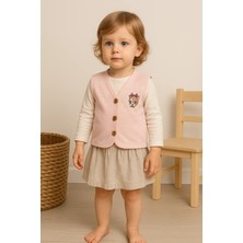 Almira Anne Bebek Kız Bebek Panda Kafa Baskılı Ahşap Düğmeli Pembe Renk Yelek