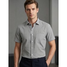 Süvari Klasik Baba Kesim Cepli Desenli Kısa Kollu Siyah Gömlek