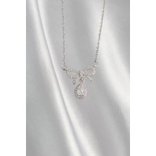 Moresun Buğz 316L Çelik Gümüş Renk Zirkon Taşlı Fiyonk Detay Damla Kolye - Buğz