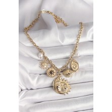 Moresun Buğz 316L Çelik Gold Renk Ay Güneş Figür Deniz Kabuğu Detay Kadın Kolye - Buğz