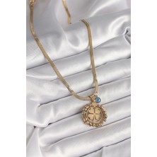 Moresun Buğz 316L Çelik Gold Renk Italyan Zincir Dorika Yonca Model Nazar Boncuk Detay Kadın Kolye - Buğz