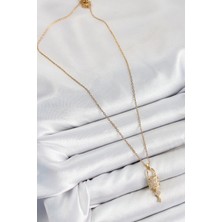 Moresun Buğz 316L Çelik Zirkon Taşlı Kilit ve Sallantılı Anahtar Model Gold Renk Kadın Kolye - Buğz