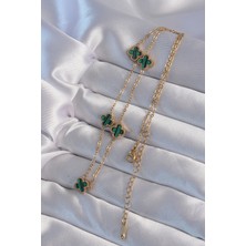 Moresun Buğz 316L Çelik Gold Renk Minimal Yeşil Mineli Yonca Kolye - Buğz