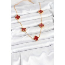 Moresun Buğz 316L Çelik Gold Renk Zincir Bordo Yonca Kadın Kolye - Buğz