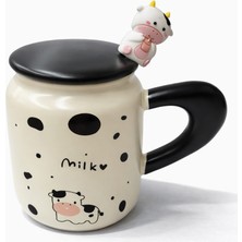 CoverZone Milk Love Figürlü Kapaklı Seramik Mug 300ML Kahve Kupası Kaşıklı Tasarım Kupa Ofis Masaüstü Kahve Bardağı Kapaklı Kupa Latte Çay Dekoratif Kahve Kupası Sevimli Kupa | Milk Love