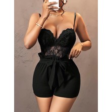 Deridün Yıldız Shoes Kadın Siyah Kuşak ve Dantel Detaylı Fantezi Elbise 5143