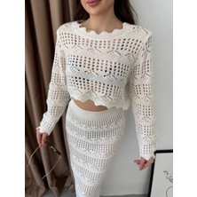 Deridün Yıldız Shoes Kadın Uzun Kollu Kuş Gözü Transparan Detay Triko Bluz ve Maxi Boy Etek Ikili Takım