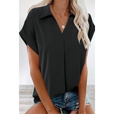 Runiquehome Kadın Kısa Kollu Yakalı Dokuma Viskon Bluz