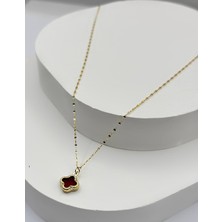 Diamine Pırlanta 14 Ayar Altın Bordo Taşlı Yonca Kolye ( 8mm )