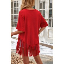 Nnstartshopping  Kadın Kısa Kollu Bisiklet Yaka Püsküllü Viskon Bluz