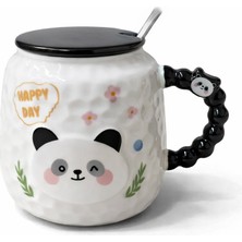 CoverZone Happyday Panda Figürlü Kapaklı Seramik Mug 300ML Kahve Kupası Kaşıklı Tasarım Kupa Ofis Masaüstü Kahve Bardağı Kapaklı Kupa Latte Çay Dekoratif Kahve Kupası Sevimli Kupa | (Happyday Panda)