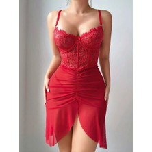 Deridün Yıldız Shoes Kadın Ateş Kırmızısı Önden Yırtmaçlı Tül Fantezi Gecelik 2241