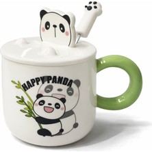 CoverZone Happy Panda Figürlü Kapaklı Seramik Mug 300ML Kahve Kupası Kaşıklı Tasarım Kupa Ofis Masaüstü Kahve Bardağı Kapaklı Kupa Latte Çay Dekoratif Kahve Kupası Sevimli Kupa | Happy Panda