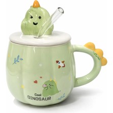 CoverZone Sevimli Dinozor Figürlü Kapaklı Seramik Mug 300ML Kahve Kupası Kaşıklı Tasarım Kupa Ofis Masaüstü Kahve Bardağı Kapaklı Kupa Latte Çay Dekoratif Kahve Kupası Sevimli Kupa | (Dinozor Yeşil)