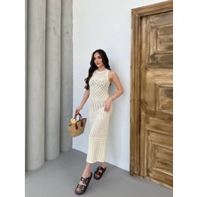 Gacha Kadın Kolsuz Kuş Gözü Teday Full Transparan Maxi Boy Elbise
