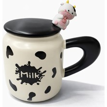 CoverZone Milk Figürlü Kapaklı Seramik Mug 300ML Kahve Kupası Kaşıklı Tasarım Kupa Ofis Masaüstü Kahve Bardağı Kapaklı Kupa Latte Çay Dekoratif Kahve Kupası Sevimli Kupa | Milk