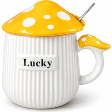 CoverZone Lucky Mantar Figürlü Kapaklı Seramik Mug 300ML Kahve Kupası Kaşıklı Tasarım Kupa Ofis Masaüstü Kahve Bardağı Kapaklı Kupa Latte Çay Dekoratif Kahve Kupası Sevimli Kupa | Lucky Mantar