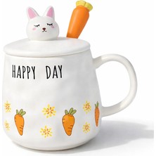 CoverZone Happyday Panda Figürlü Kapaklı Seramik Mug 300ML Kahve Kupası Kaşıklı Tasarım Kupa Ofis Masaüstü Kahve Bardağı Kapaklı Kupa Latte Çay Dekoratif Kahve Kupası Sevimli Kupa | Happyday Havuç