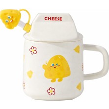 CoverZone Happyday Panda Figürlü Kapaklı Seramik Mug 300ML Kahve Kupası Kaşıklı Tasarım Kupa Ofis Masaüstü Kahve Bardağı Kapaklı Kupa Latte Çay Dekoratif Kahve Kupası Sevimli Kupa | Cheese