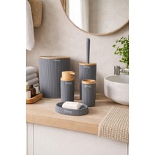 Okyanus Home Mina Antrasit Ahşap Desenli Çizgili Yuvarlak 5'li Banyo Seti