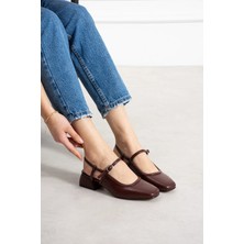 Shoetek Beatta Kadın Topuklu Bilekten Bantlı Kalın Topuklu Babet  Bordo Deri
