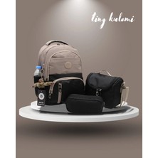 Tiny Kulomi Sade Ilkokul Çantası Düz Saten Kumaş Su Geçirmez Ilk Okul Sırt Çantası 8010 Vizon-Siyah