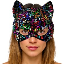 Alvo Store Buğz Siyah Kadife Kumaş Üzerine Rengarenk Payetli Pullu Parti Maskesi 16X14 cm