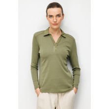 Desen Triko Kadın Polo Yaka Iğne Işlemeli Pamuklu Penye Bluz 26806 Haki