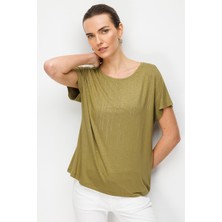 Desen Triko Kadın Sıfır Yaka Su Yolu Taşlı Düşük Kollu Penye T-Shirt 26833 Haki