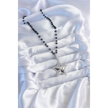 Alvo Store Buğz Gümüş Renk Siyah Boncuk Zirkon Taşlı Pirinç Yıldız Model Vip Seri Kadın Kolye - Buğz