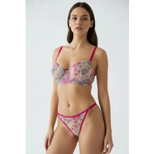Freya Pembe Çiçek Desenli Balenli Tanga Model Iç Çamaşırı Takımı