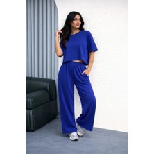 Drgy Osy Modal Yumuşak Dokulu Şalaş Oversize Ikili Takım Bol Paça Pantolonlu Rahat Günlük Takım - Saks Mavisi