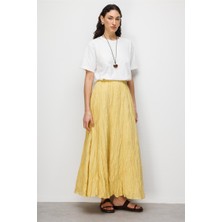 Mizalle Kırışık Görünümlü Saf Pamuk Sarı Maksi Etek