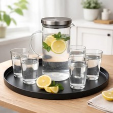 Noah Exclusive 7 Parça Bardak ve Sürahi Seti - Metal Kapaklı 1500 ml Sürahi 6 x 280 ml Bardak