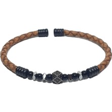 JTSS26BLK1729 Paslanmaz Çelik Bilezik Hakiki Deri Kaplama Zirkon ve Doğaltaşlı Garantili Janti Bileklik