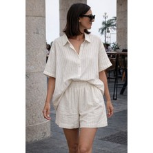 Nnstartshopping  Kadın Kısa Kollu Çizgili Modal Kumaş Gömlek ve Yüksek Bel Lastik Detay Şort Ikili Takım