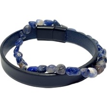 JTSS26BLK1704 Hakiki Deri Alaşımlı Metal Kilit Lapis Lazuli ve Hematit Doğaltaş Kutulu Garantili Janti Kombin Bileklik