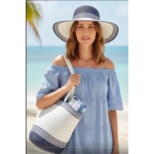 Bay Şapkacı Kadın Çizgili Hasır Plaj Çantası ve Güneş Şapkası 2'li Takımı 7031