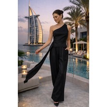 Caspara Kadın Asimetrik Tek Omuz Şık Tasarım - Geniş Paça Pantolonlu Beli Lastikli Zarif Yazlık Ikili Takım